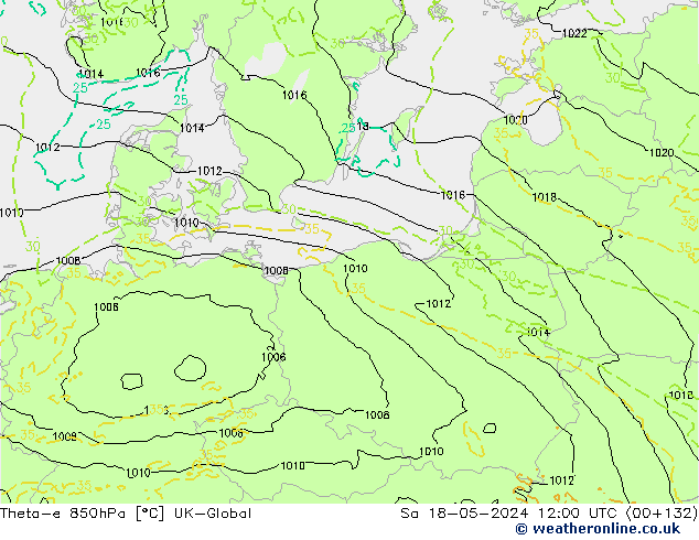 Theta-e 850гПа UK-Global сб 18.05.2024 12 UTC