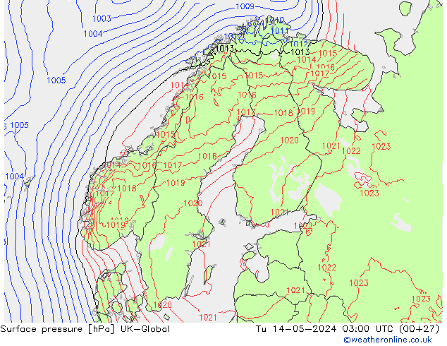 Atmosférický tlak UK-Global Út 14.05.2024 03 UTC