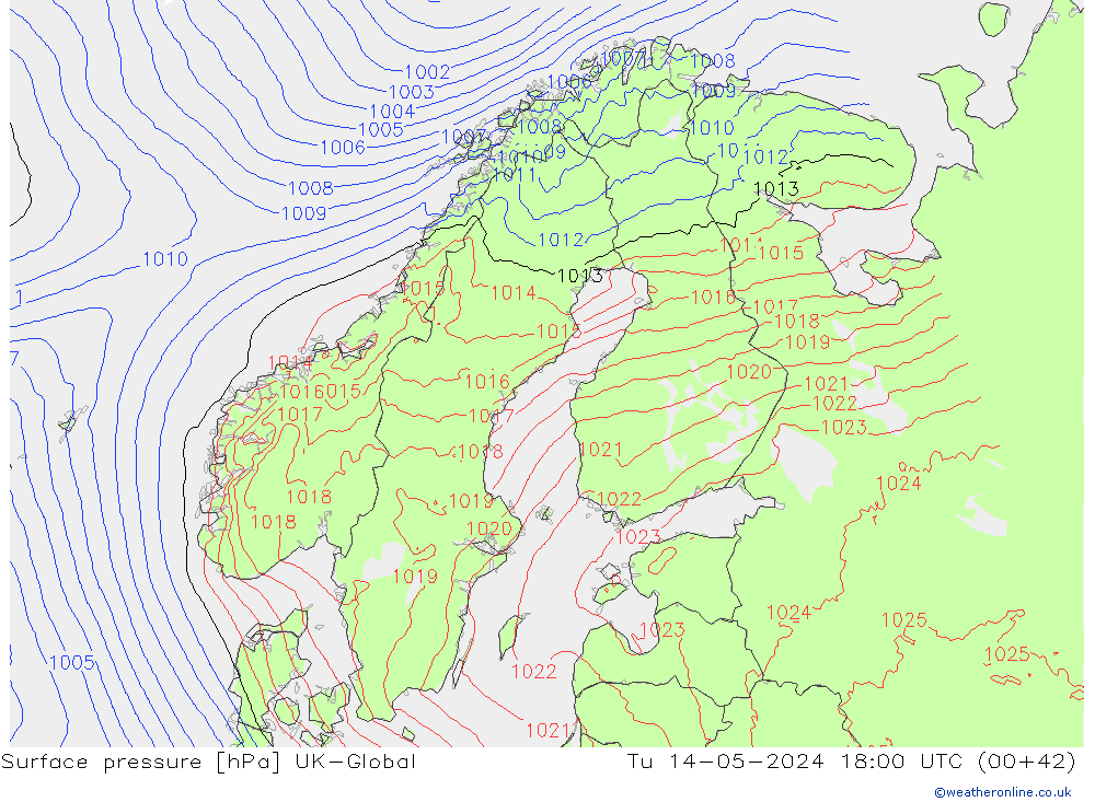 Surface pressure UK-Global Tu 14.05.2024 18 UTC