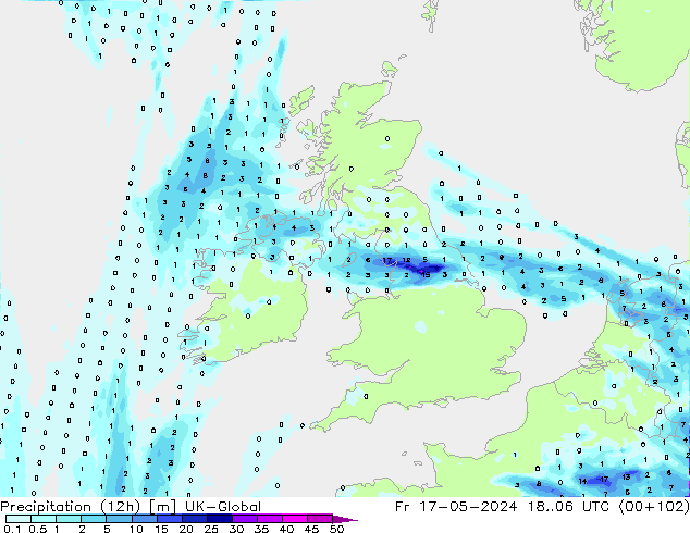 Precipitation (12h) UK-Global Fr 17.05.2024 06 UTC