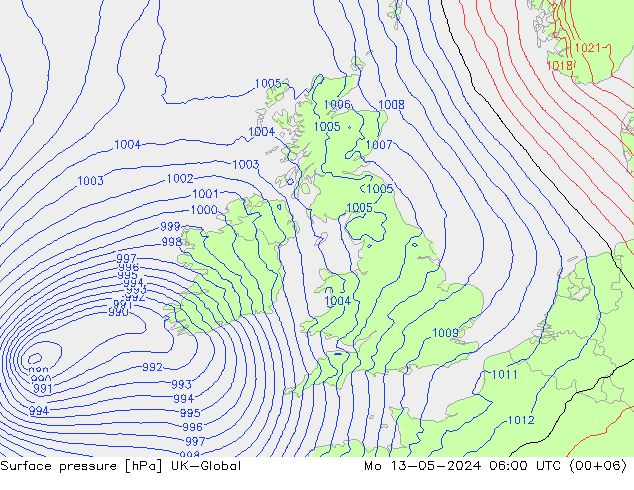 Surface pressure UK-Global Mo 13.05.2024 06 UTC