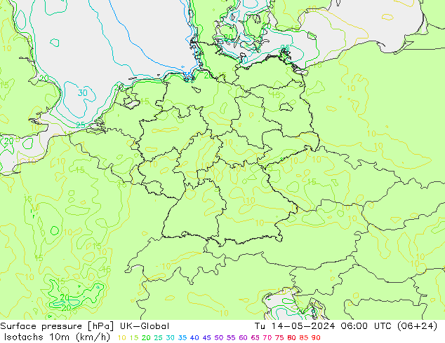 Eşrüzgar Hızları (km/sa) UK-Global Sa 14.05.2024 06 UTC