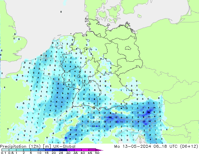 Precipitación (12h) UK-Global lun 13.05.2024 18 UTC