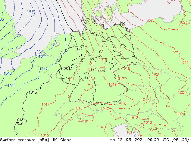 Presión superficial UK-Global lun 13.05.2024 09 UTC