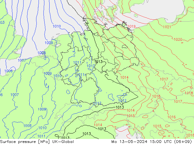 Pressione al suolo UK-Global lun 13.05.2024 15 UTC