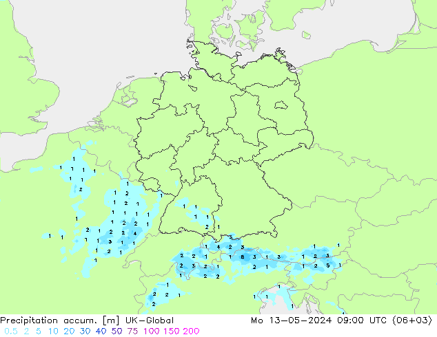 Precipitation accum. UK-Global Mo 13.05.2024 09 UTC