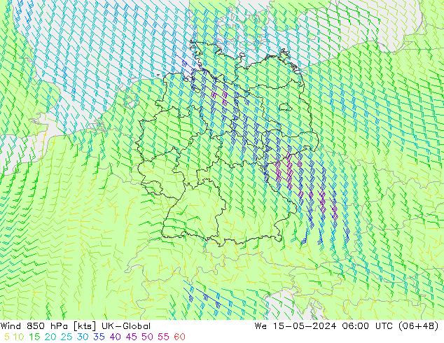wiatr 850 hPa UK-Global śro. 15.05.2024 06 UTC