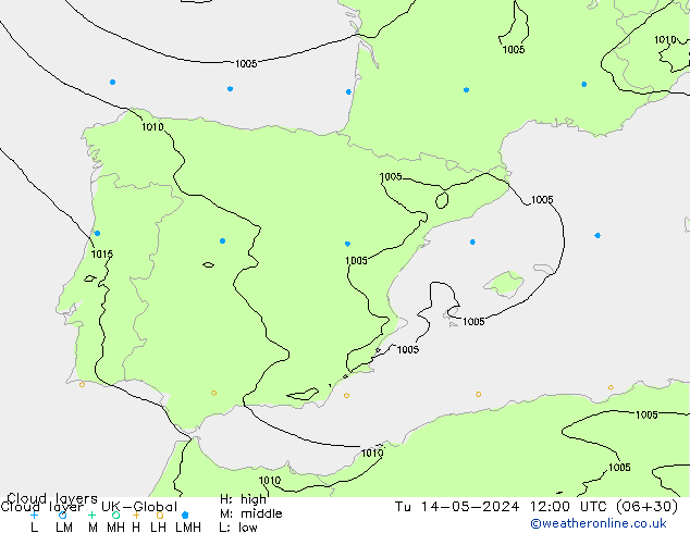 Cloud layer UK-Global Út 14.05.2024 12 UTC