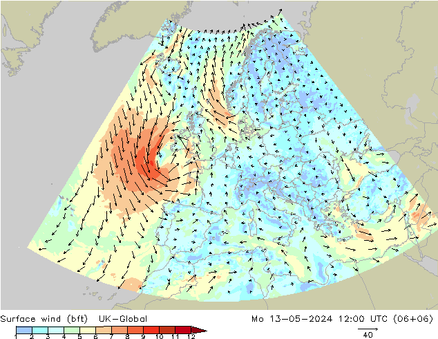 wiatr 10 m (bft) UK-Global pon. 13.05.2024 12 UTC