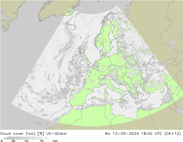 Bewolking (Laag) UK-Global ma 13.05.2024 18 UTC