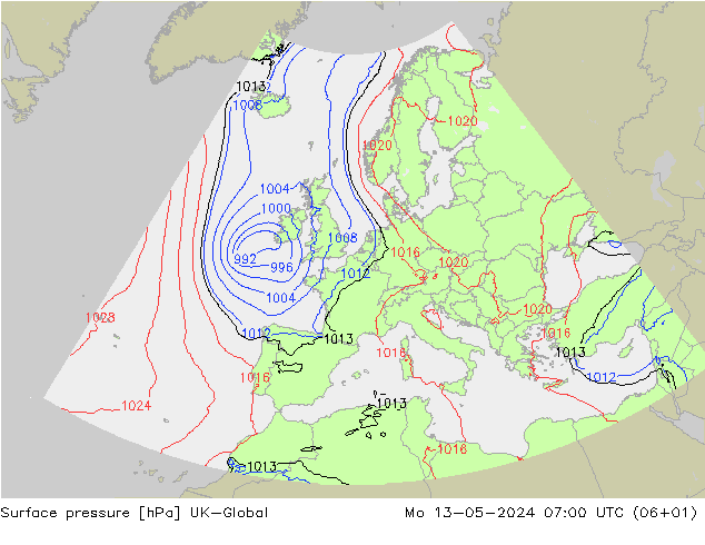 Surface pressure UK-Global Mo 13.05.2024 07 UTC