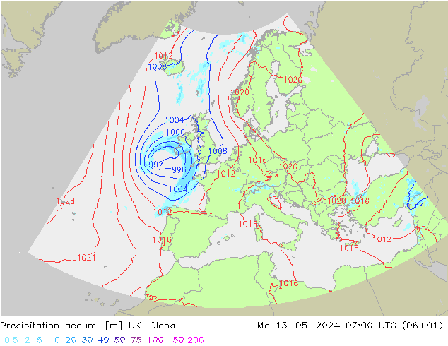 Totale neerslag UK-Global ma 13.05.2024 07 UTC