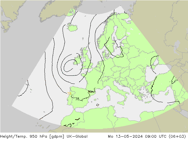 Height/Temp. 950 hPa UK-Global Mo 13.05.2024 09 UTC