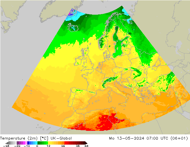 Temperaturkarte (2m) UK-Global Mo 13.05.2024 07 UTC
