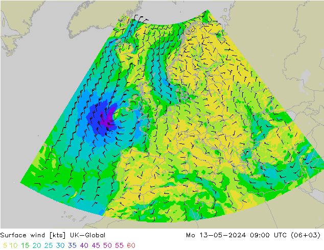 Surface wind UK-Global Mo 13.05.2024 09 UTC
