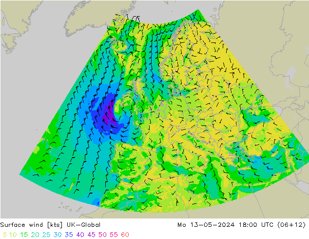 Surface wind UK-Global Po 13.05.2024 18 UTC