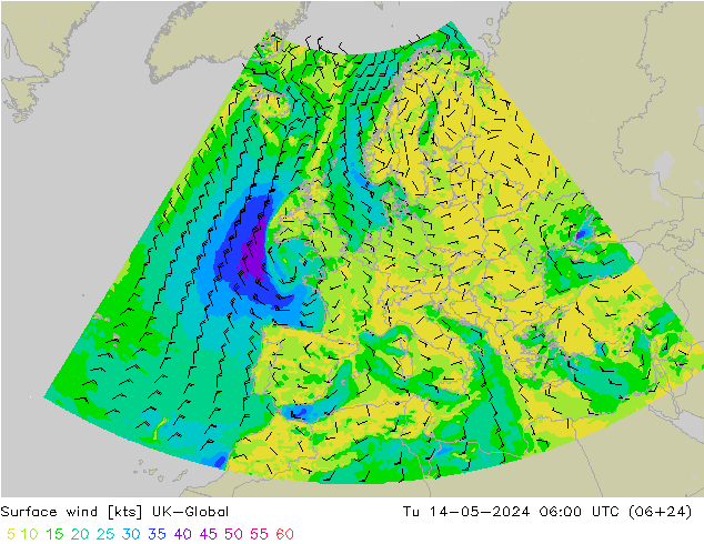 wiatr 10 m UK-Global wto. 14.05.2024 06 UTC