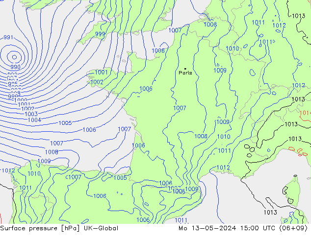 Atmosférický tlak UK-Global Po 13.05.2024 15 UTC