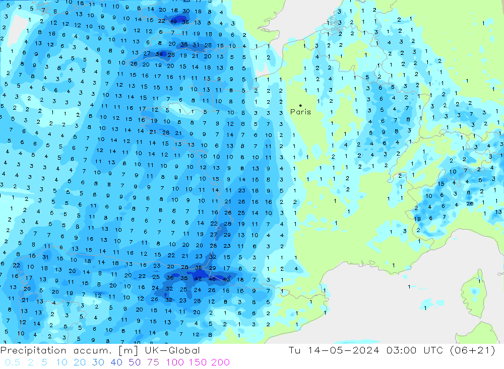 Precipitation accum. UK-Global Tu 14.05.2024 03 UTC