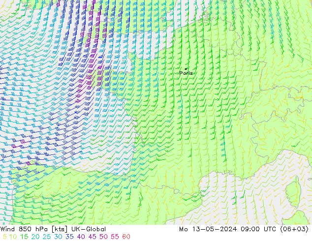 Wind 850 hPa UK-Global Po 13.05.2024 09 UTC