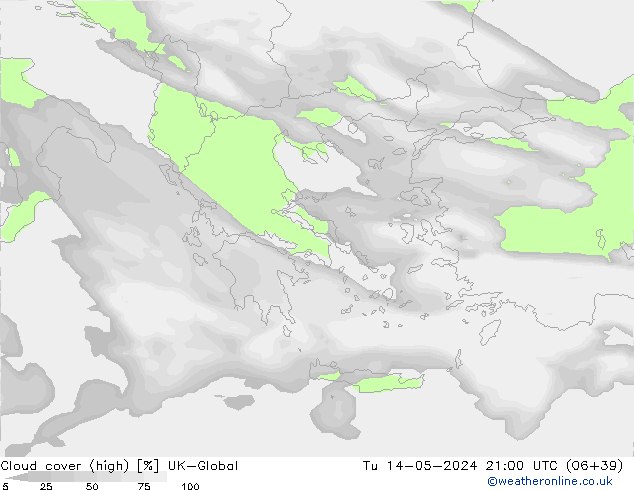 Cloud cover (high) UK-Global Tu 14.05.2024 21 UTC