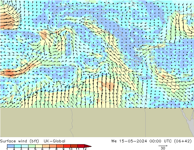 Wind 10 m (bft) UK-Global wo 15.05.2024 00 UTC