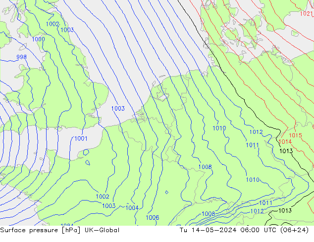 Surface pressure UK-Global Tu 14.05.2024 06 UTC