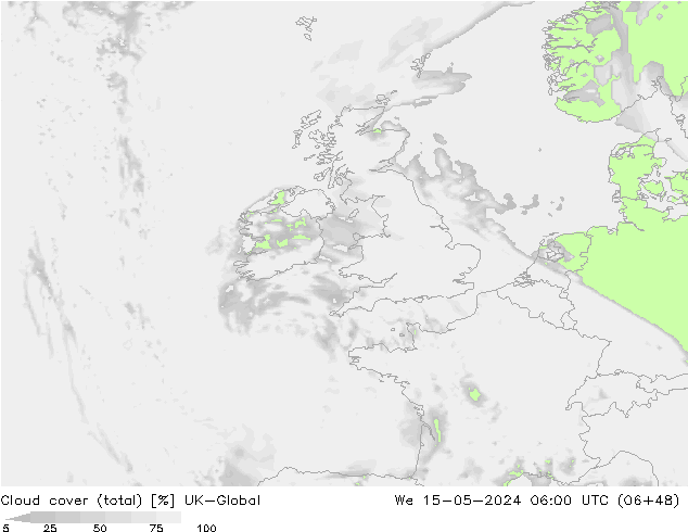 Cloud cover (total) UK-Global We 15.05.2024 06 UTC