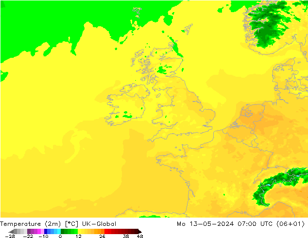 Temperature (2m) UK-Global Mo 13.05.2024 07 UTC