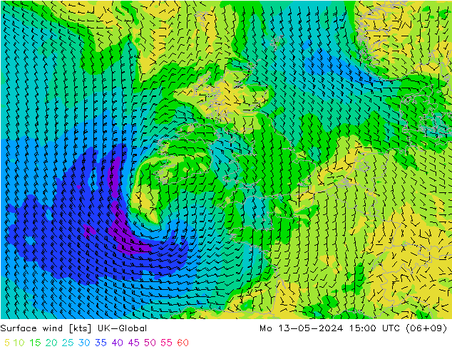 Surface wind UK-Global Mo 13.05.2024 15 UTC