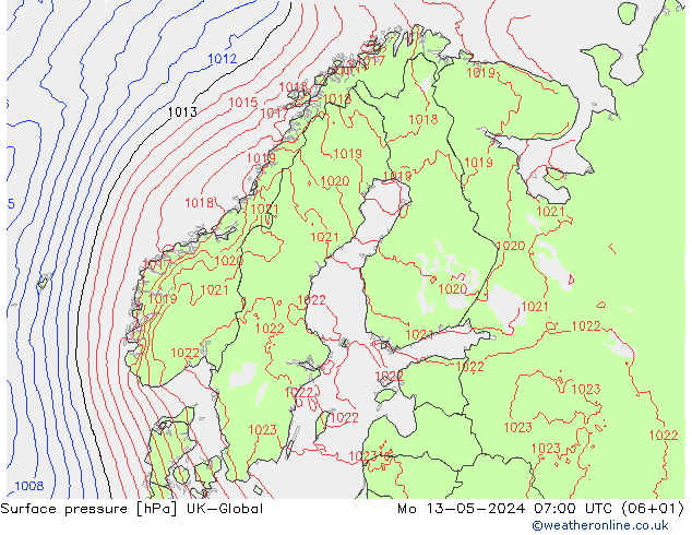 Presión superficial UK-Global lun 13.05.2024 07 UTC