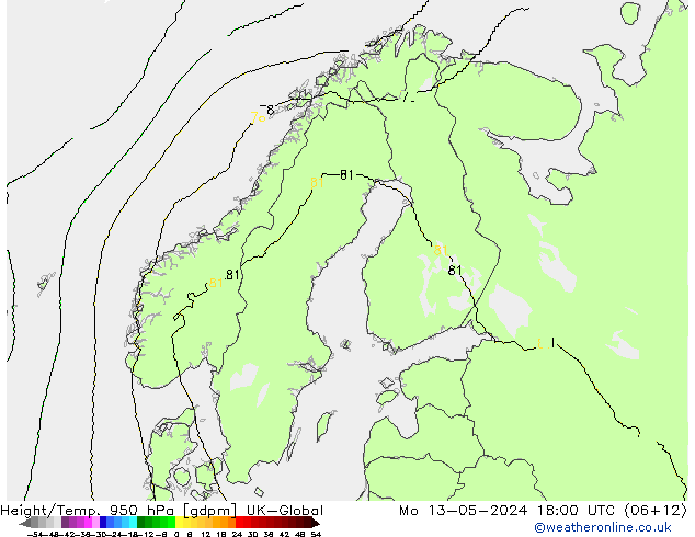 Height/Temp. 950 hPa UK-Global Seg 13.05.2024 18 UTC