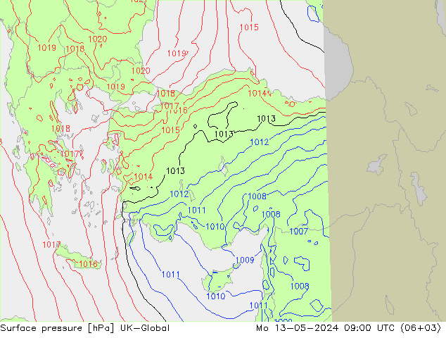 Surface pressure UK-Global Mo 13.05.2024 09 UTC