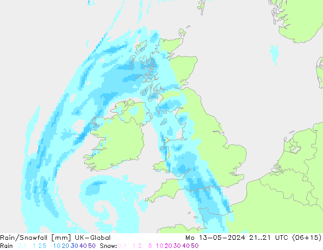 Rain/Snowfall UK-Global Mo 13.05.2024 21 UTC