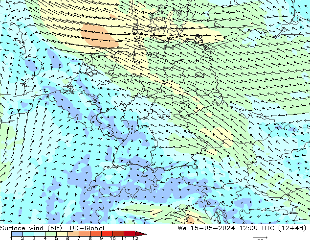 Surface wind (bft) UK-Global We 15.05.2024 12 UTC