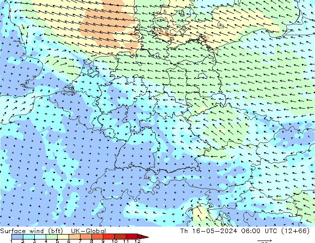 Surface wind (bft) UK-Global Th 16.05.2024 06 UTC