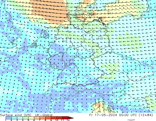 Surface wind (bft) UK-Global Fr 17.05.2024 00 UTC