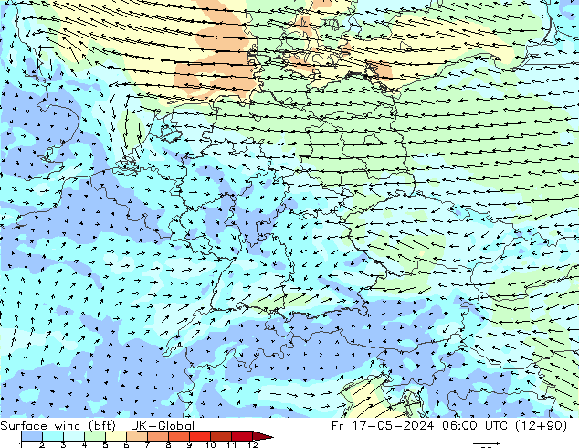 Surface wind (bft) UK-Global Fr 17.05.2024 06 UTC