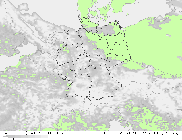 Cloud cover (low) UK-Global Fr 17.05.2024 12 UTC