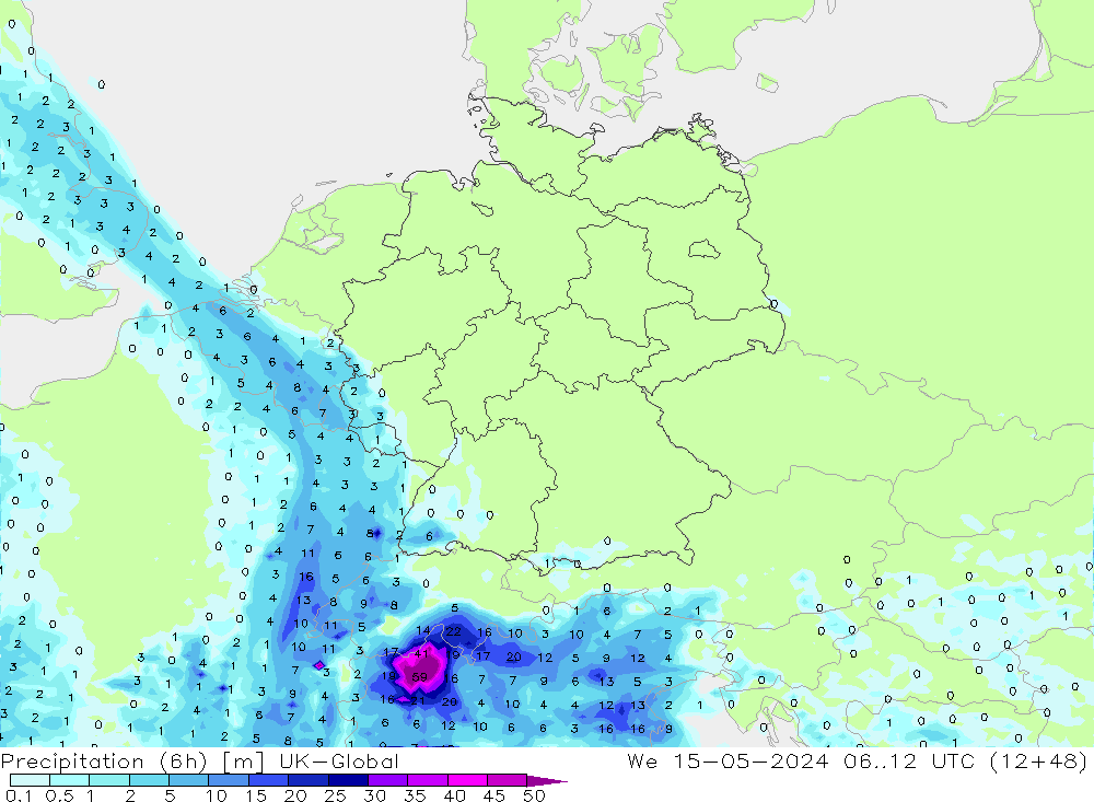 Totale neerslag (6h) UK-Global wo 15.05.2024 12 UTC