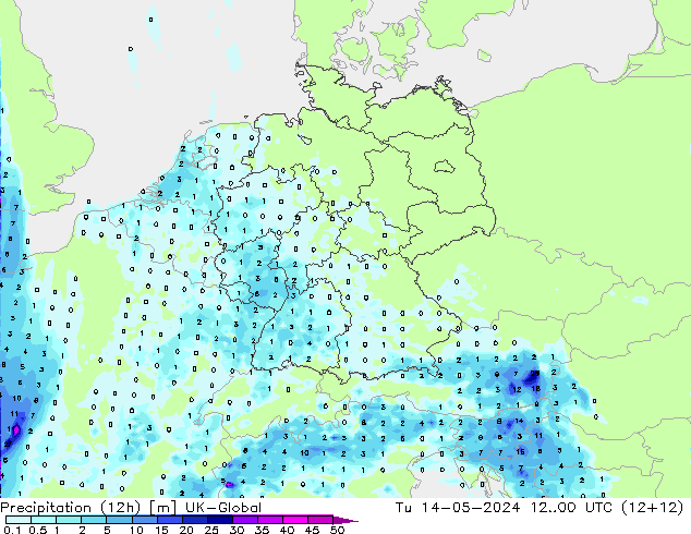 降水量 (12h) UK-Global 星期二 14.05.2024 00 UTC