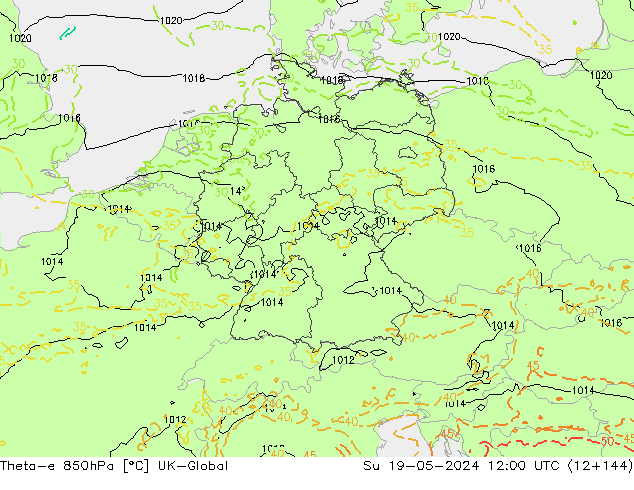 Theta-e 850hPa UK-Global dim 19.05.2024 12 UTC