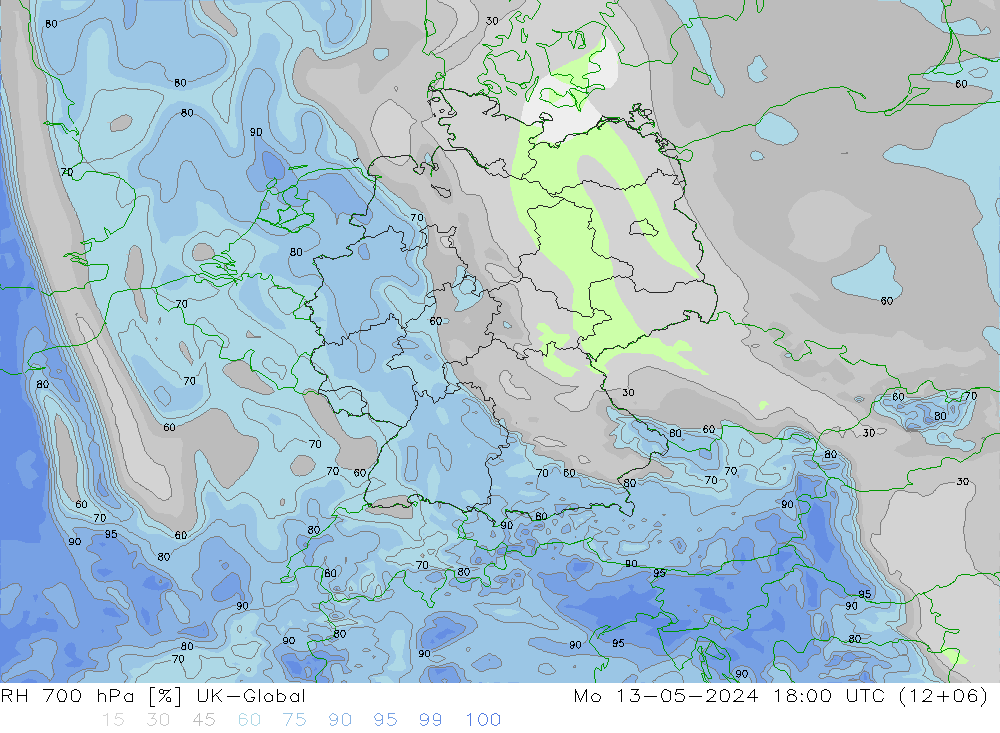 Humedad rel. 700hPa UK-Global lun 13.05.2024 18 UTC