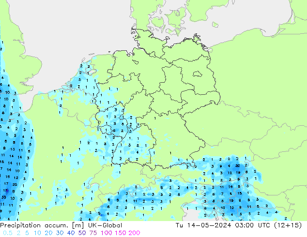 Precipitation accum. UK-Global Út 14.05.2024 03 UTC