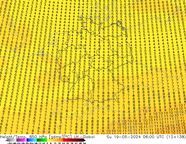 Géop./Temp. 850 hPa UK-Global dim 19.05.2024 06 UTC