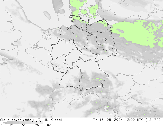 Cloud cover (total) UK-Global Čt 16.05.2024 12 UTC