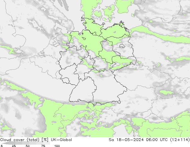 Bewolking (Totaal) UK-Global za 18.05.2024 06 UTC