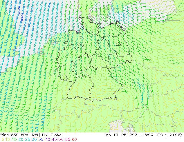 风 850 hPa UK-Global 星期一 13.05.2024 18 UTC