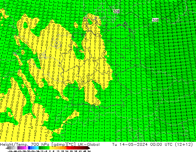 Geop./Temp. 700 hPa UK-Global mar 14.05.2024 00 UTC