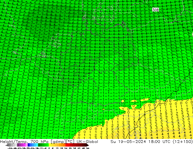 Hoogte/Temp. 700 hPa UK-Global zo 19.05.2024 18 UTC